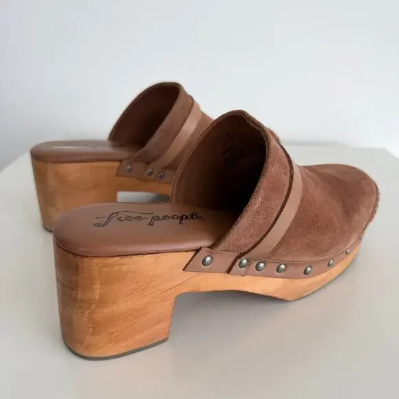 Free People Calabasas Clog Platform 40 Brown Suede Wooded Slip On Mule Stud Heel - Picture 5 of 13